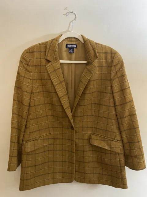 Lands End Womans Size 14 Wool Blazer Tan Plaid Front Pockets Jacket Lined