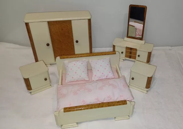 Alte Puppenstubenmöbel, 50er, Paul Hübsch Schlafzimmer für altes Puppenhaus