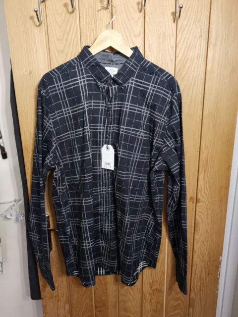 Next Long Sleeve  Shirt Size XXL Navy Blue Grey Check Brand New With Tags