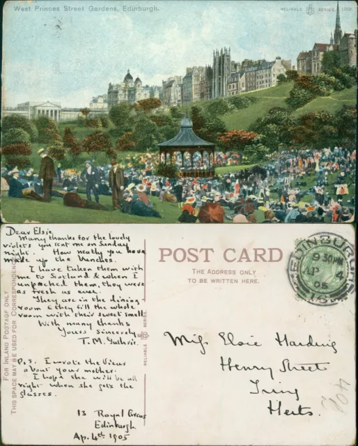 Edinburgh West Princes Street Gardens 1905 Cancel 1368 Reliable Series