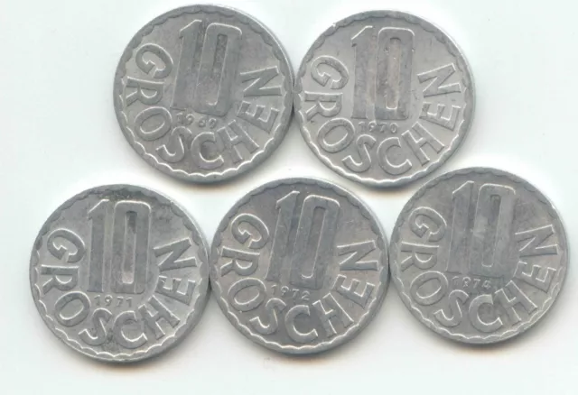 AUSTRIA 1969 1970 1971 1972 1974 10 Groschen - 5 Coins Republik Osterreich