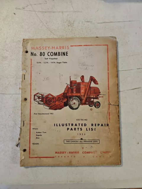 Massey Harris No 80 Combine Illustrated Repair Parts List 1953 Manual Vintage