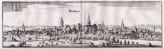 Bretten Kraichgau Baden-Württemberg Vista Incisione Engraving Merian 1650