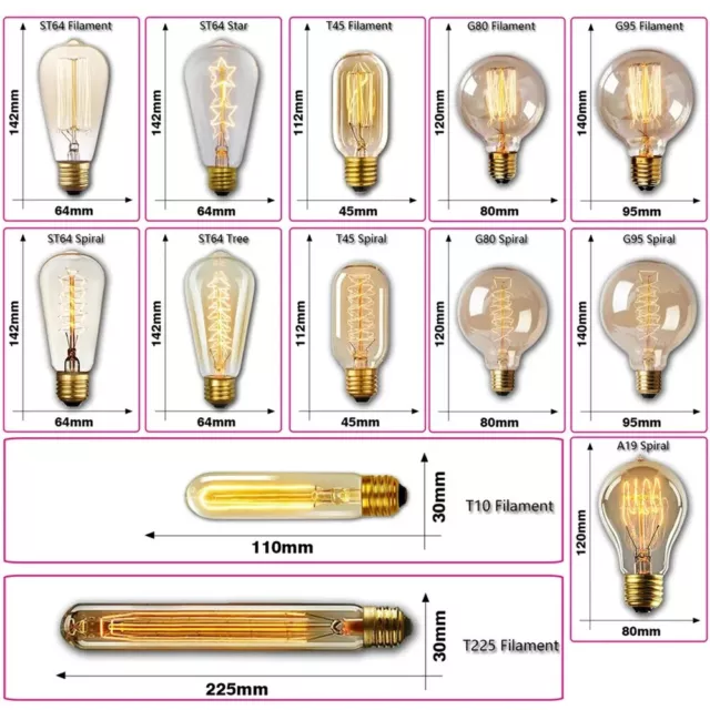 6pcs/lot Retro Edison Light Bulb E27 220V 40W ST64 G80 G95 T10 T45 Ampoule Vinta