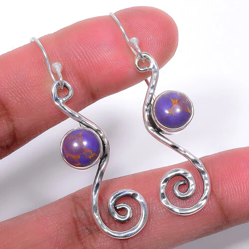 Copper Purple Turquoise 925 Sterling Silver Earring 1.95" A315