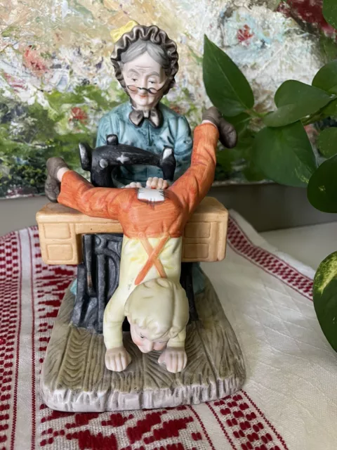 Vintage Old Lady Grandma Sewing Upside Down Boy's Pants Figurine