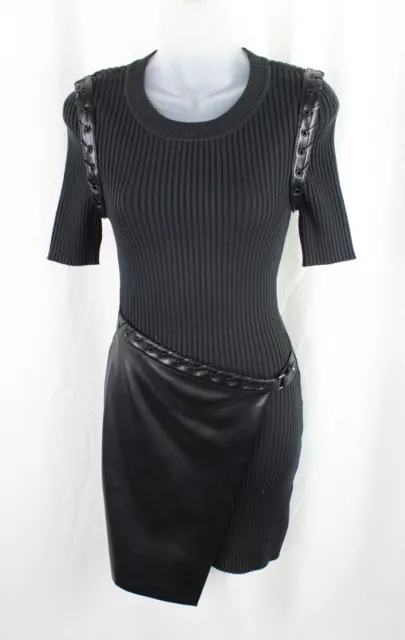 Jonathan Simkhai Black Round Neck Short Sleeve Faux Leather Belt Accent Dress S