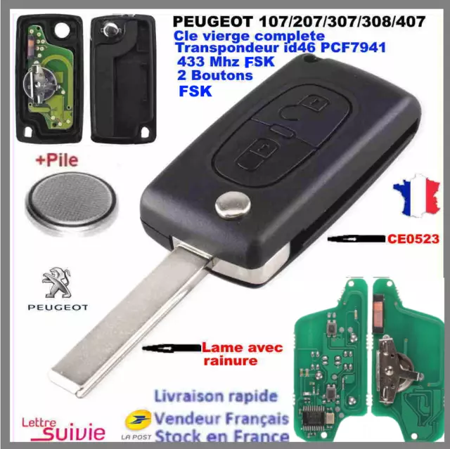 Cle Vierge Ce0523 Circuit Id46 Pour Peugeot 307 308 407 607  2Boutons Fsk 433Mhz