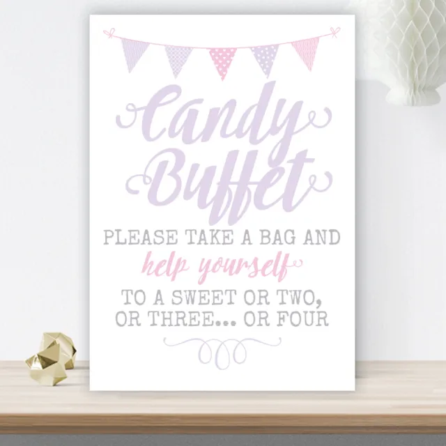 Lilac & Pink Bunting Candy Buffet Table Sign For Pretty Wedding Party (LIB4)