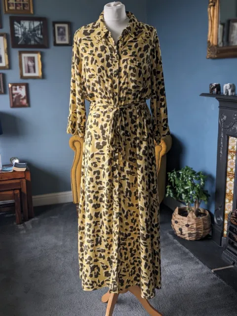F&F Tesco's Size 16 Mustard & Olive Green Leopard Print Midi Shirt Dress