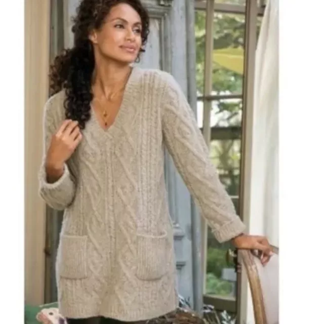 Soft Surroundings Chunky Cable Knit Tan Wool Cashmere Tunic Sweater - Small