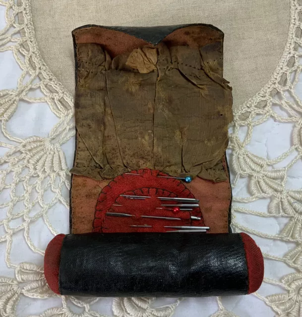 Antique Shaker Sewing Roll Up, Black Leather, Brown Silk Fabric, Red Ends