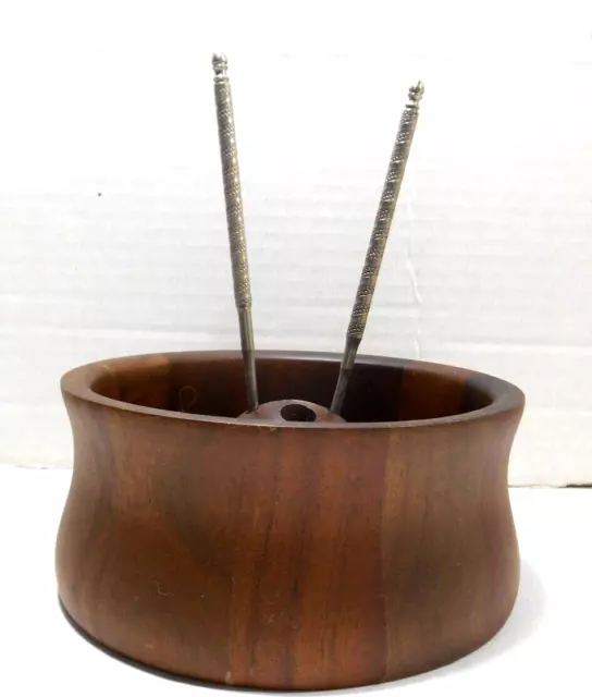 Vtg Retro Wooden Nut Bowl Set w/2 Nut Picks Quality Heirloom Walnut Bowls