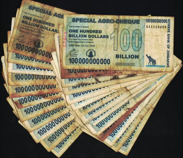 25 x Zimbabwe 100 Billion Special Agro Cheque banknotes 2008 25PCS Damaged/Used