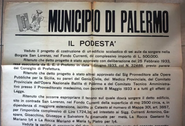 Ww2 Raro Manifesto Poster 1933 Fascismo Palermo Podesta’ Scuola San Lorenzo Onb