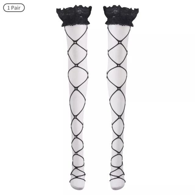 Sexy Lace Thigh Crisscross Straps Point Drill Stockings Long Tube Fishnet Socks