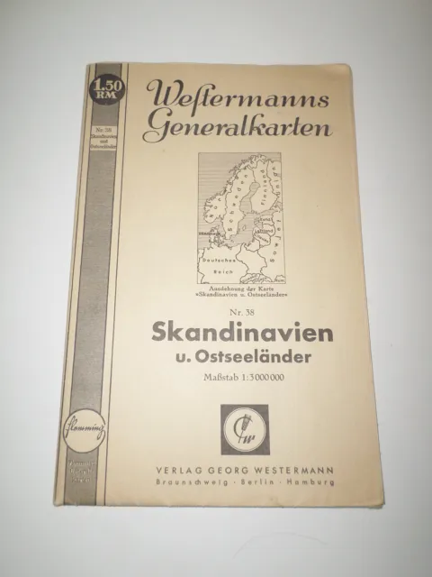 alte Karte Strassenkarte - Westermanns Generalkarten Nr.38 Skandinavien 1940