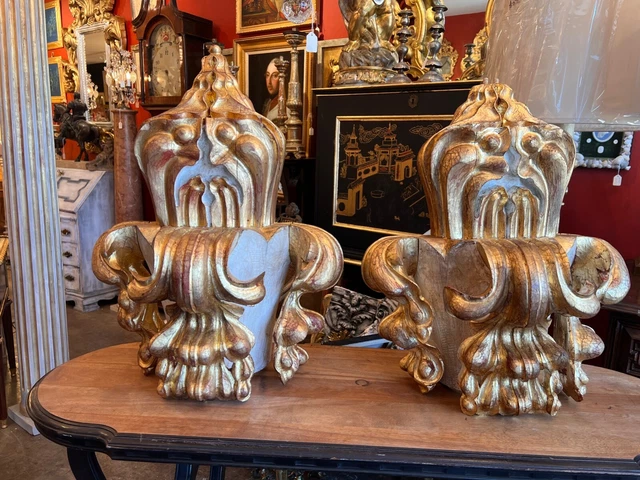 Pair of Large Italian Baroque Style Carved Giltwood Wall Architectural Elements