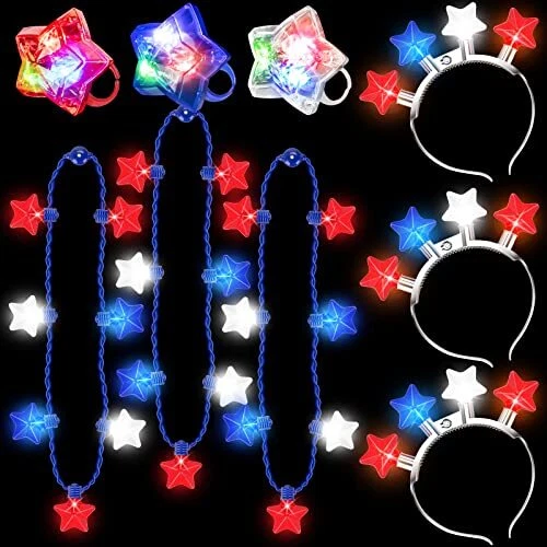 9 Pack 4th of July Accessories LED Light Up Necklace Headband Ring Set,Red
