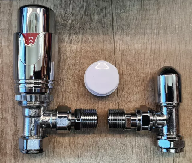 Chrome Angled Thermostatic Radiator Valve TRV & Lockshield Pack Set REF CHP