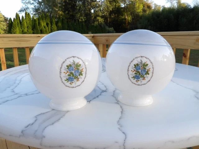 Vintage Pair Blue Roses White Glass Ball Globe Lamp Light Shade 6"