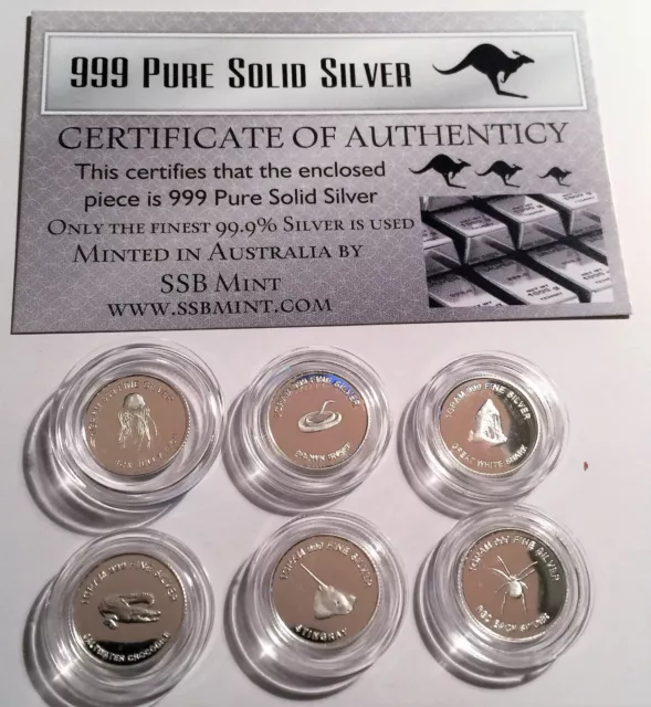 Set of 6 "Danger Series" 1 Gram 999.0 Pure Silver Coins (6 Grams Approx) C.O.A.