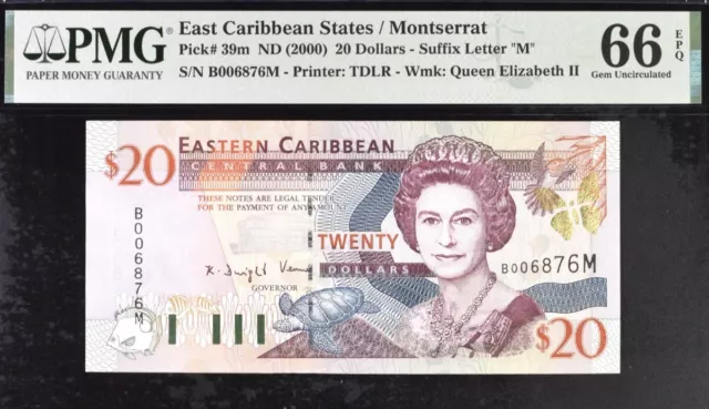 East Caribbean States 20 Dollars Pick# 39m ND(2000) PMG 66 EPQ Gem Unc