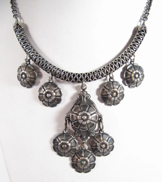 Art Deco Nouveau Silverplate Vintage Pansy Flower Floral Drop Charm Necklace Vtg