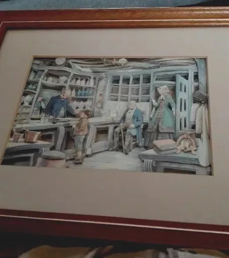 3D Paper Cutout Picture. Victorian shop scene. Pastel, well framed.  11" X 9" .