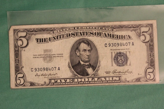 1953 Five Dollar Silver Certificate $5 Bill Blue Seal Note Circulated