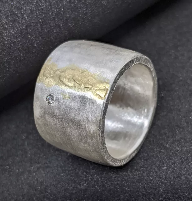 15 mm breiter Silberring mit weißen Diamant  Silber 925 und Gold 585  Flamere 2