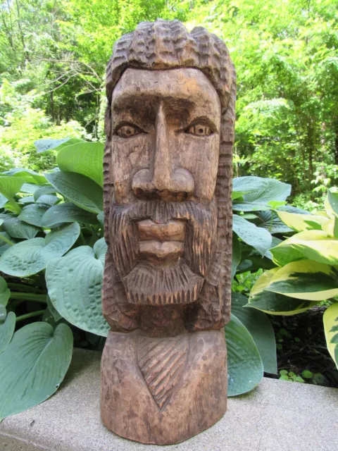LARGE hand carved wood HEAD face 19.25" TALL bust figure sculpture man beard