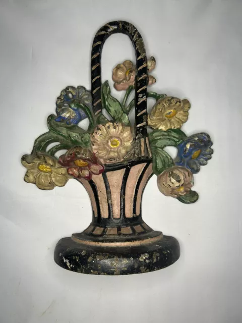 ANTIQUE Cast Iron FLOWER GARDEN BASKET Doorstop Statue Circa 1880 Great Paint