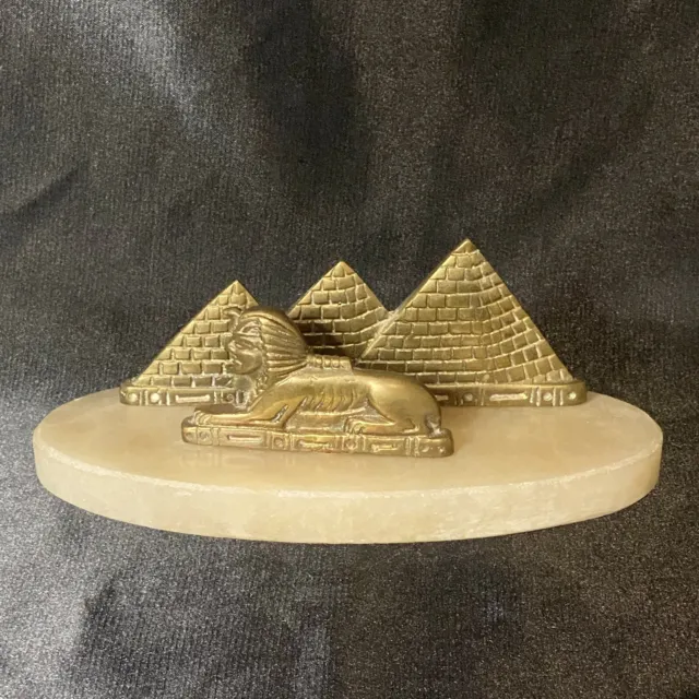 Antique Art Deco Egyptian Revival Brass Letter Holder Alabaster Marble Base