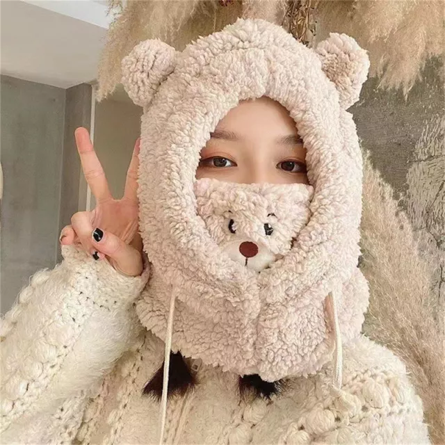 Cartoon Bear Ear Lamb Beanie Hat Mask Warm Balaclava Thickened Ear Protectio ❤LT