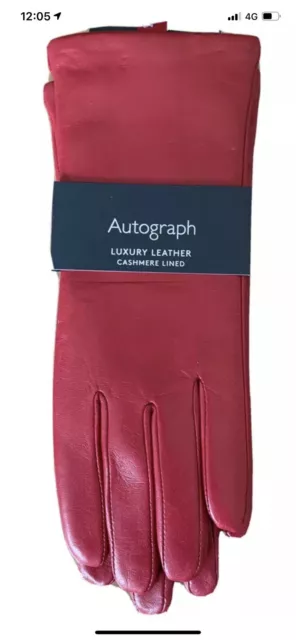 M&S Luxury Leather AUTOGRAPH Cashmere Lined Ladies Gloves Medium Red Xmas Gift