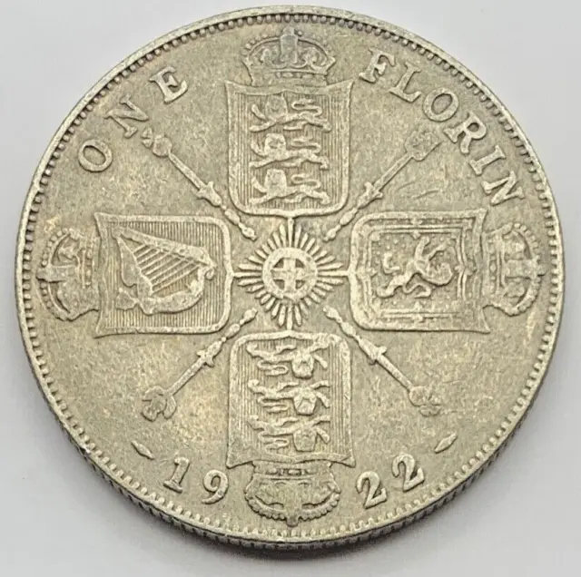 1922 Great Britain Silver (.500) One Florin - Two Shillings - Free Shipping