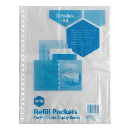 CLEAR Marbig Polypropylene Refillable Display Book Refill Sheet A4 10 Pack