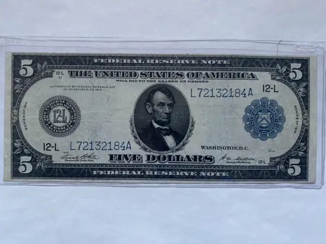 1914 $5 Federal Reserve Note BLUE Seal San Francisco - NICE HG Solid Note
