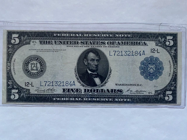1914 $5 Federal Reserve Note BLUE Seal San Francisco - NICE HG Solid Note