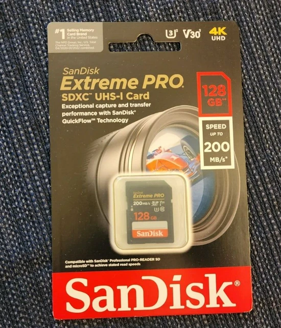 Tarjeta SD SanDisk 128 GB Extreme PRO SDXC C10 U3 V30 200 MB/s para video 4K UHD - NUEVA EN CAJA