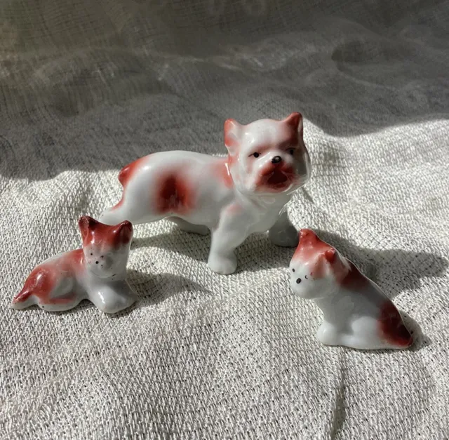Vintage English Bulldogs & Pups Dollhouse Miniature Bone China  (set Of 3)Japan