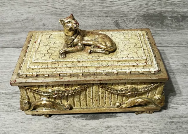 DEZINE 2002 Schwerharz verziert Schmuckstück Box mit Leopardenstatue Gepard auf Deckel