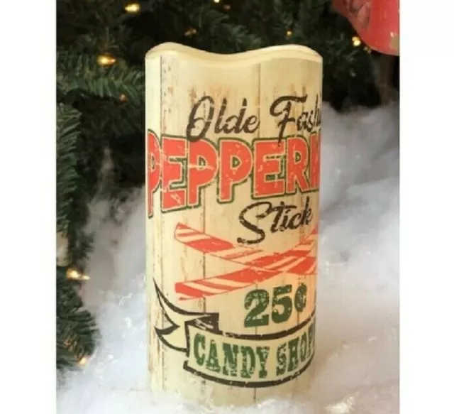 NEW Christmas CANDY CANE CANDLE 6" PILLAR Vintage Style Wax LED Timer Primitive