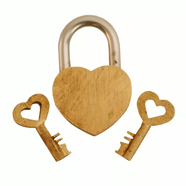 Handmade Vintage Style Rare Glowing Heart Shape Brass Padlock With Keys (H1) 3