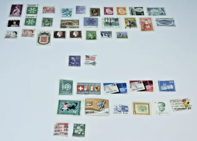 🔵 Collection Of 42 Vintage Canadian USA & International Stamps Used 1930s-'70s