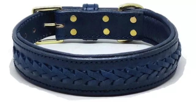 Collar de perro de lujo acolchado suave trenzado de cuero genuino STG azul...