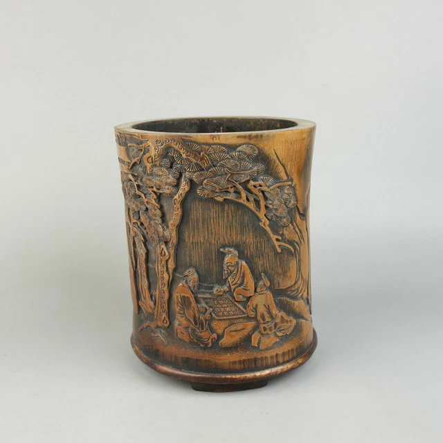 Chinese Exquisite Hand-carved Pine trees & Old man Carving bamboo Pen holder