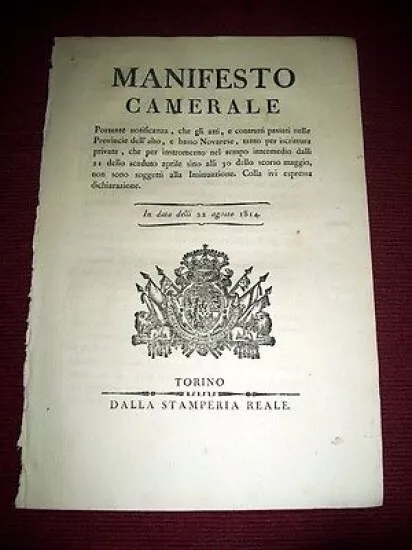 Regno Sardegna Savoia Torino Manifesto Camerale Iscrizioni Atti Novara 1814