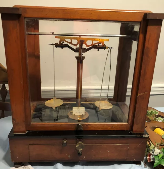 Antique Eimer & Amend New York Glass Enclosed Apothecary Balance Scale & Weights